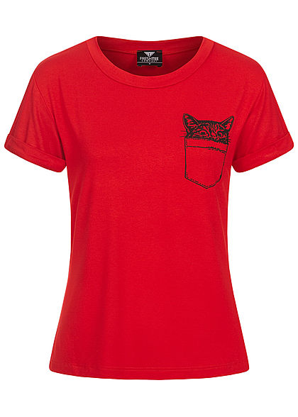 Fresh Tee Dames T-shirt met Cat-Pocket opdruk rood