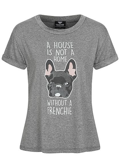 Fresh Tee Damen T-Shirt Frenchie Dog Print dunkel grau melange