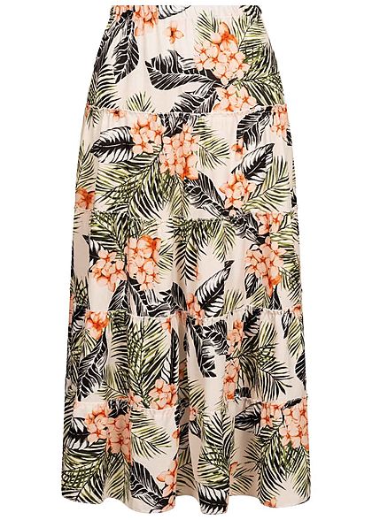Fresh Lemons Damen Longform Stufenrock Tropical Print off weiss grün orange