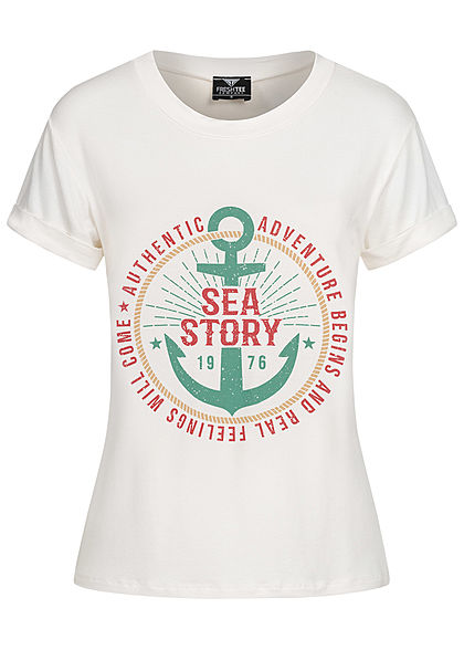 Fresh Tee Dames T-Shirt Sea Story Print wit rood - Art.-Nr.: 20055142