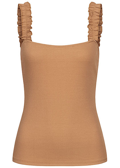 Styleboom Fashion Damen Ribbed Top mit Rüschen Träger camel braun