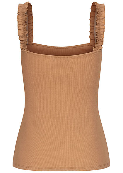 Styleboom Fashion Damen Ribbed Top mit Rüschen Träger camel braun