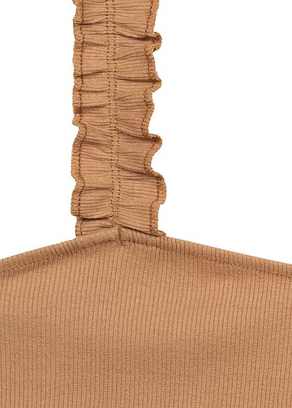 Styleboom Fashion Damen Ribbed Top mit Rüschen Träger camel braun