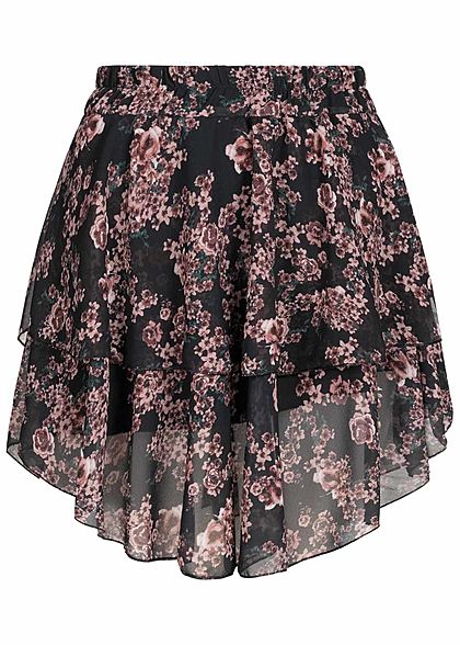 Fresh Lemons Damen Mini Stufenrock 2-lagig Blumen Muster schwarz camel rosa