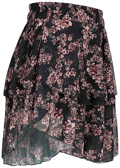 Fresh Lemons Damen Mini Stufenrock 2-lagig Blumen Muster schwarz camel rosa