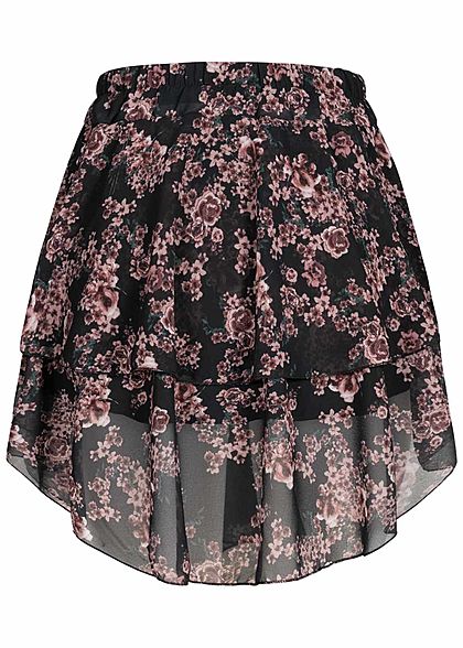 Fresh Lemons Damen Mini Stufenrock 2-lagig Blumen Muster schwarz camel rosa