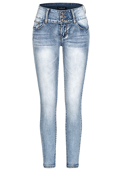 Cloud5ive Damen Skinny Jeans Hose 5-Pockets breiter Bund hell blau denim