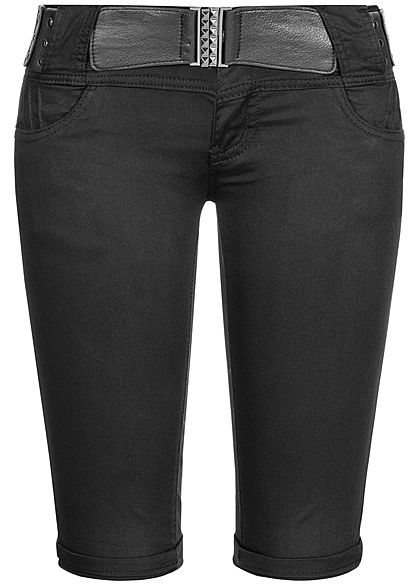 Seventyseven Lifestyle Damen Capri Jeans Hose inkl. Gürtel 4-Pockets schwarz