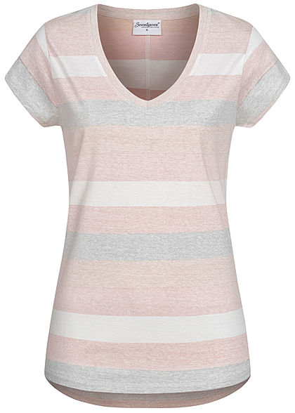 Seventyseven Lifestyle Damen V-Neck T-Shirt Inside Streifen Print beige weiss cream ocker