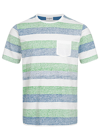 Seventyseven Lifestyle Herren T-Shirt Brusttasche Streifen Muster grün weiss blau