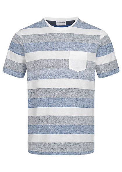 Seventyseven Lifestyle Heren T-Shirt met borstzakje en strepen blauw wit grijs - Art.-Nr.: 20058105