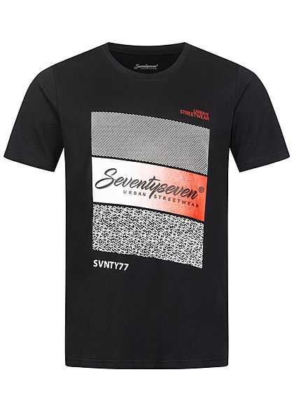 Seventyseven Lifestyle Herren T-Shirt Colorblock Logo Print schwarz weiss rot - Art.-Nr.: 20058108