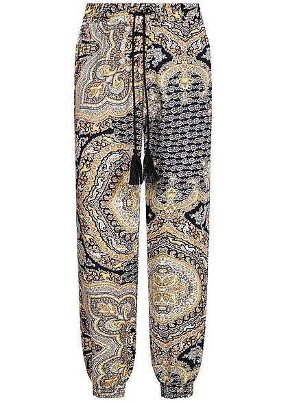 Hailys Kids Mädchen Sommer Hose 2-Pockets Deko Tunnelzug Paisley Print schwarz gelb