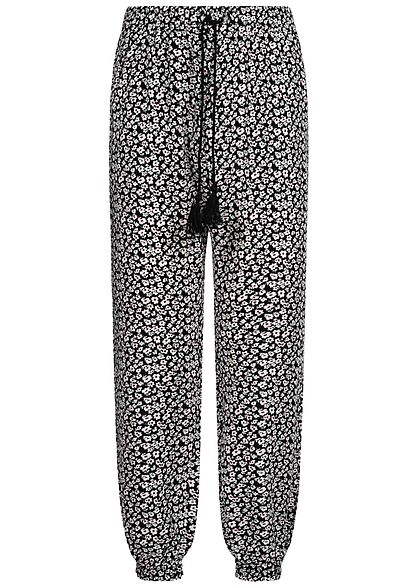 Hailys Kids Mädchen Sommer Hose 2-Pockets Deko Tunnelzug Blumen Print schwarz weiss