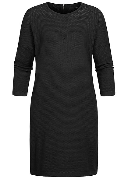 Vero Moda Damen NOOS 7/8 Arm Struktur Strickkleid Zipper Lochmuster schwarz