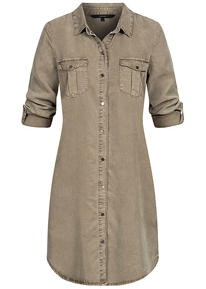 Vero Moda Damen Turn-Up Long Bluse Kleid 4-Pockets bungee cord oliv braun