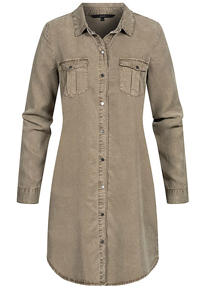 Vero Moda Damen Turn-Up Long Bluse Kleid 4-Pockets bungee cord oliv braun