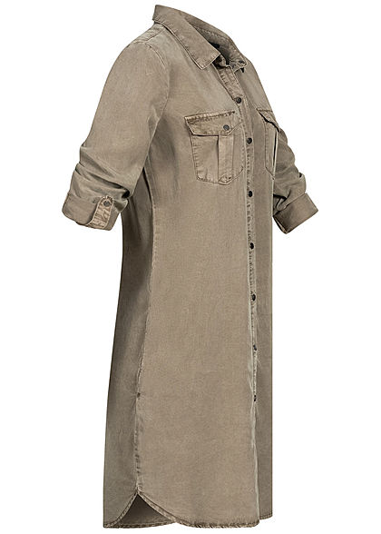Vero Moda Damen Turn-Up Long Bluse Kleid 4-Pockets bungee cord oliv braun