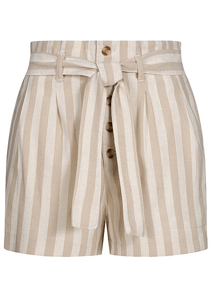 ONLY Damen Paperbag Shorts Streifen Muster Knopfleiste Bindegürtel creme beige weiss