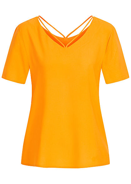 ONLY Damen V-Neck Blusen Shirt mit Strings oben autumn blaze gelb