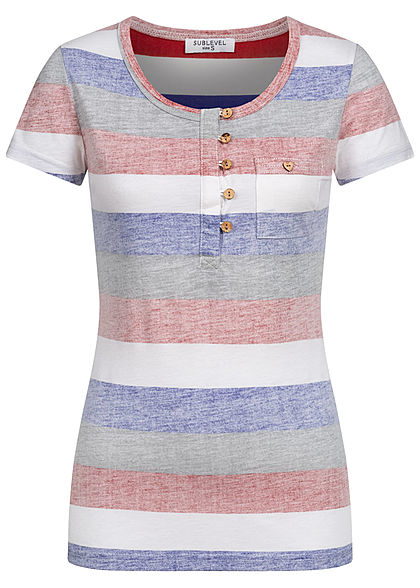 Sublevel Damen Multicolor T-Shirt Streifen Muster mit Knopfleiste cherry rot mc - Art.-Nr.: 20063263