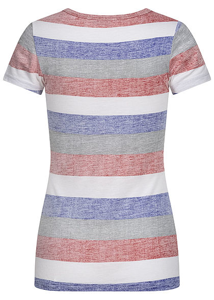 Sublevel Damen Multicolor T-Shirt Streifen Muster mit Knopfleiste cherry rot mc