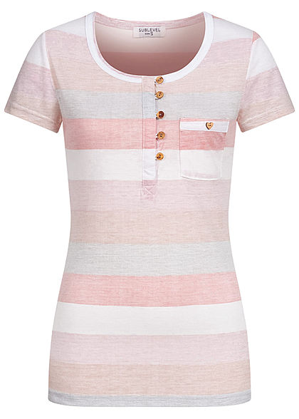 Sublevel Damen Multicolor T-Shirt Streifen Muster mit Knopfleiste quiet grau rosa