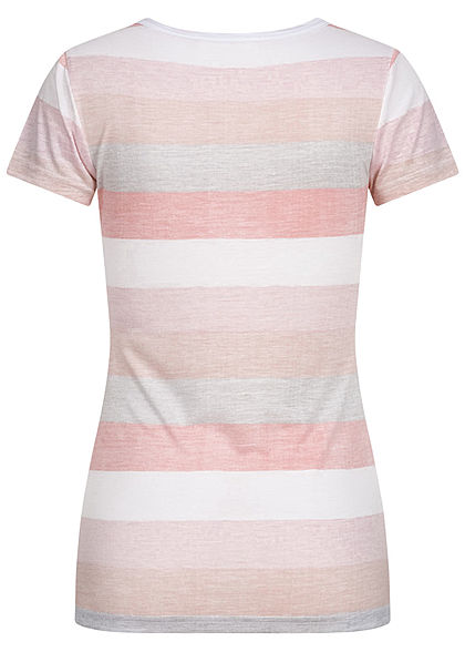 Sublevel Damen Multicolor T-Shirt Streifen Muster mit Knopfleiste quiet grau rosa