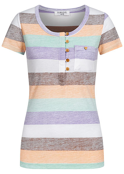 Sublevel Damen Multicolor T-Shirt Streifen Muster mit Knopfleiste weiss violett grün - Art.-Nr.: 20063265