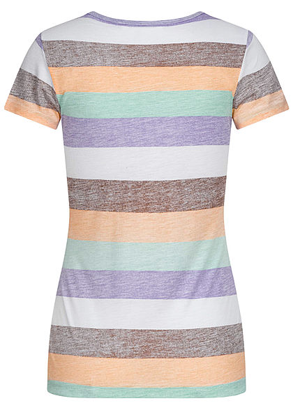 Sublevel Damen Multicolor T-Shirt Streifen Muster mit Knopfleiste weiss violett grün