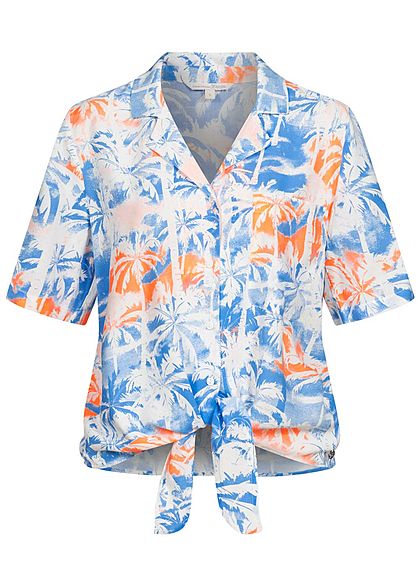 Tom Tailor Damen Blusen Shirt Knopfleiste Bindedetail vorne Tropical Print blau orange