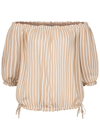 Hailys Damen Off-Shoulder 3/4 Arm Shirt Streifen Muster mit Frill Details beige weiss