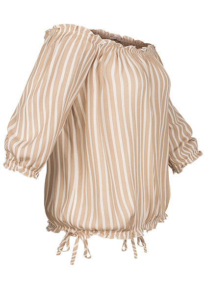 Hailys Damen Off-Shoulder 3/4 Arm Shirt Streifen Muster mit Frill Details beige weiss