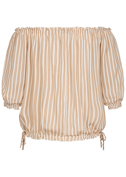 Hailys Damen Off-Shoulder 3/4 Arm Shirt Streifen Muster mit Frill Details beige weiss