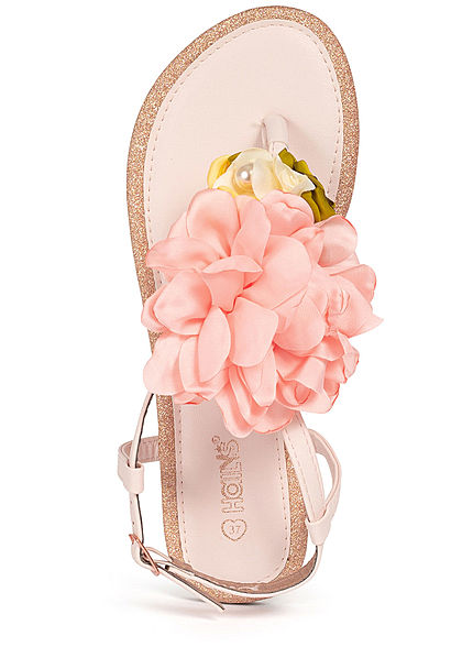 Hailys Damen Schuh Sandale Zehensteg Blumen Applikation Glitzer Deko Perlen rosa