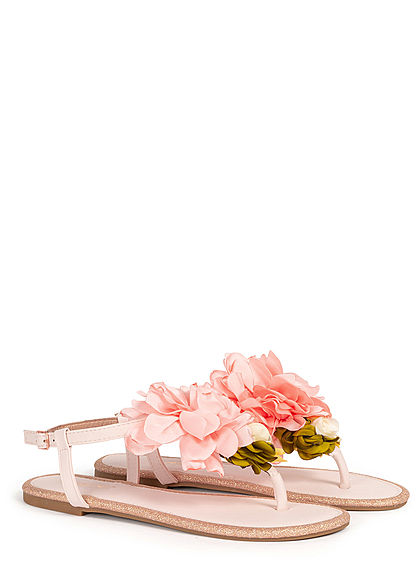 Hailys Damen Schuh Sandale Zehensteg Blumen Applikation Glitzer Deko Perlen rosa