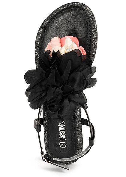Hailys Damen Schuh Sandale Zehensteg Blumen Applikation Glitzer Deko Perlen schwarz