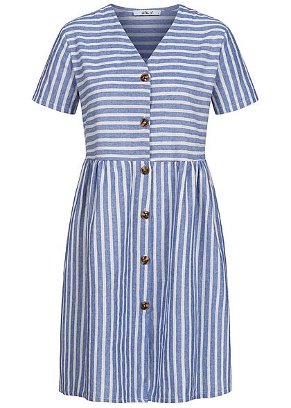 Hailys Damen V-Neck Kleid Leinen Optik Streifen Muster Knopfleiste blau weiss - Art.-Nr.: 20063354