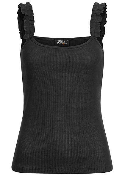 Fresh Lemons Damen Ribbed Top mit Rüschen Trägern schwarz
