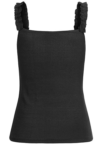 Fresh Lemons Damen Ribbed Top mit Rüschen Trägern schwarz