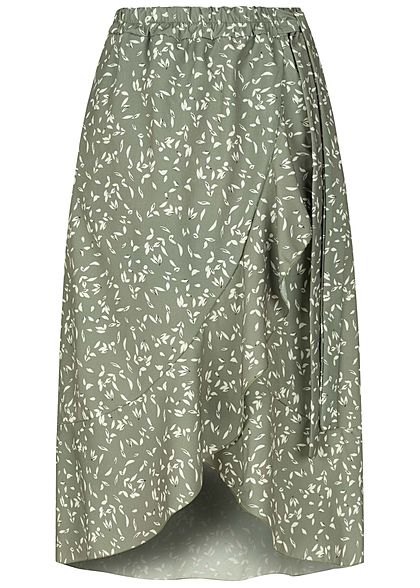 Fresh Lemons Damen Midi Rock Wickeloptik Deko Blatt Muster Deko Schleife balsam grün