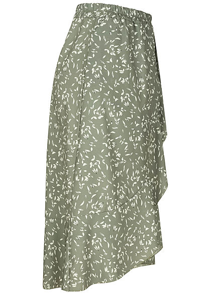 Fresh Lemons Damen Midi Rock Wickeloptik Deko Blatt Muster Deko Schleife balsam grün