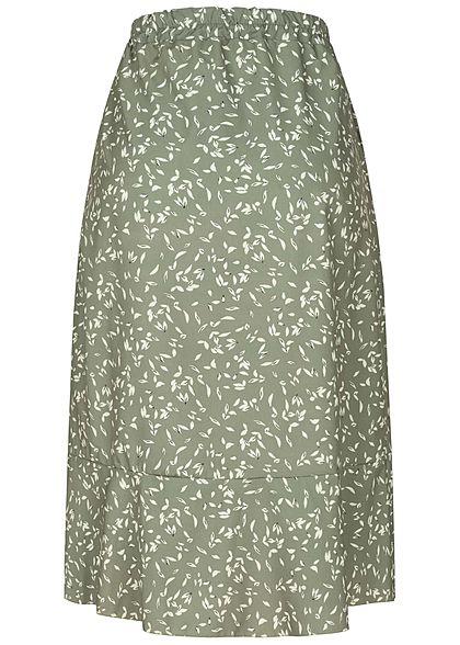 Fresh Lemons Damen Midi Rock Wickeloptik Deko Blatt Muster Deko Schleife balsam grün