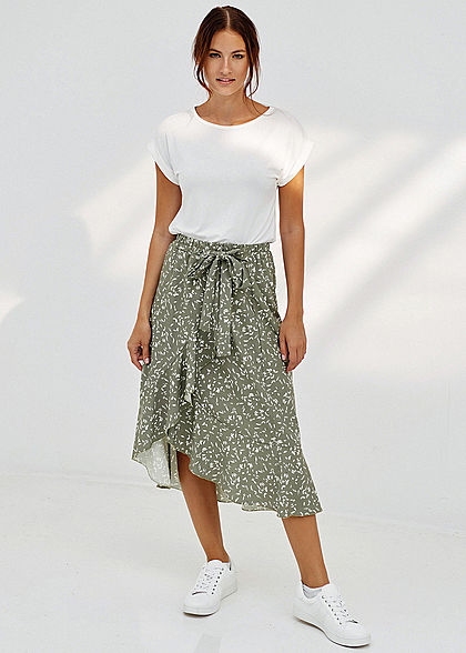 Fresh Lemons Damen Midi Rock Wickeloptik Deko Blatt Muster Deko Schleife balsam grün