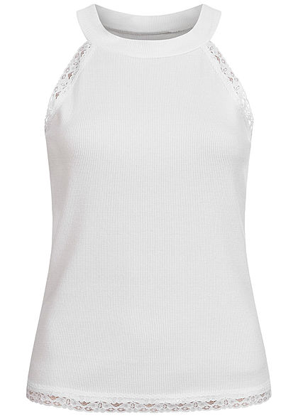 Fresh Lemons Damen Ribbed Choker Top mit Spitze weiss