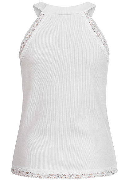Fresh Lemons Damen Ribbed Choker Top mit Spitze weiss