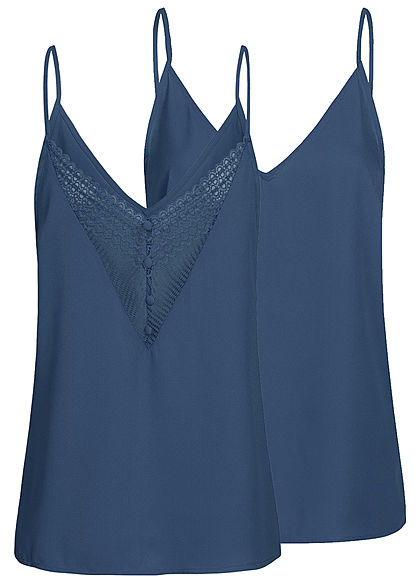 Seventyseven Lifestyle Damen V-Neck Spitzen Top mit Deko Knöpfen hinten navy blau
