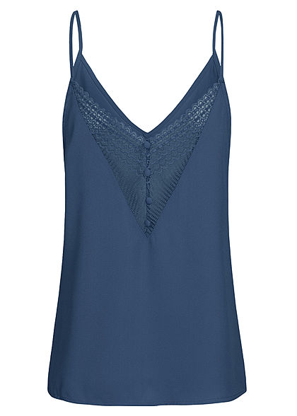 Seventyseven Lifestyle Damen V-Neck Spitzen Top mit Deko Knöpfen hinten navy blau