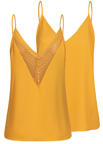 Seventyseven Lifestyle Damen V-Neck Spitzen Top mit Deko Knöpfen hinten gelb