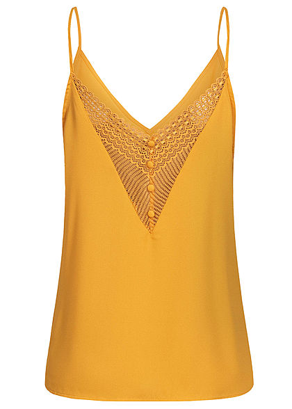 Seventyseven Lifestyle Damen V-Neck Spitzen Top mit Deko Knöpfen hinten gelb